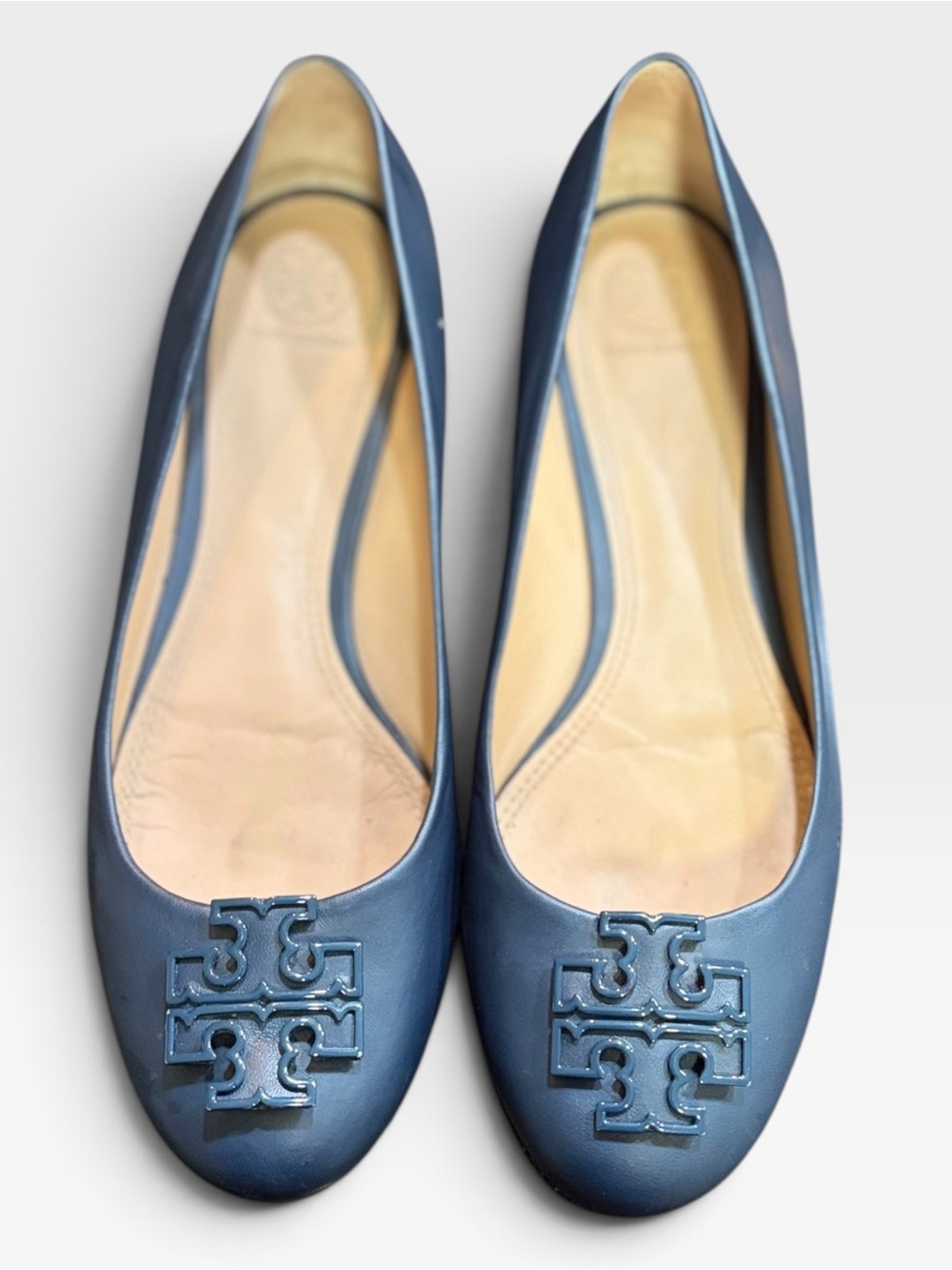 Tory Burch Navy Leather Logo Ballet Flats